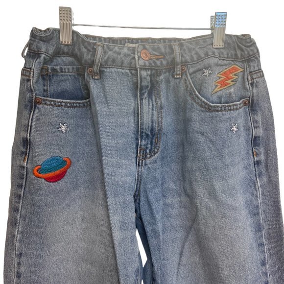 Women's Forever 21 Embroidered Jeans Alien Rainbow UFO Blue Denim Size 26 - Picture 3 of 4